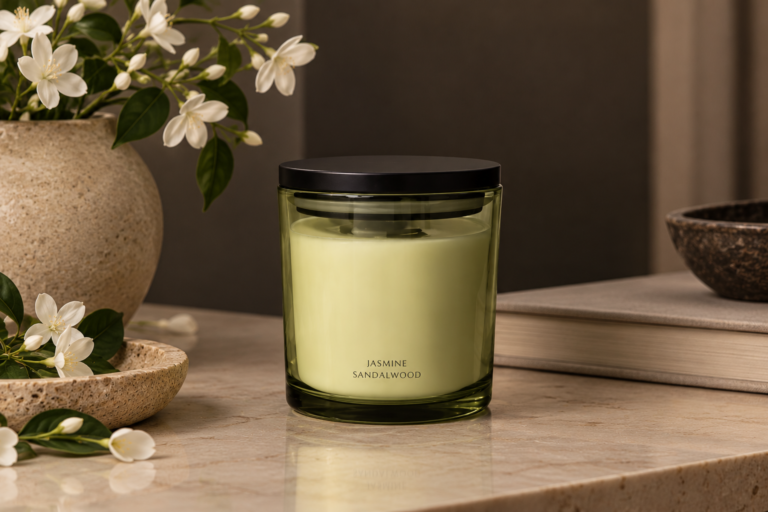 Jasmine Sandalwood Candle in Frosted Green Glass