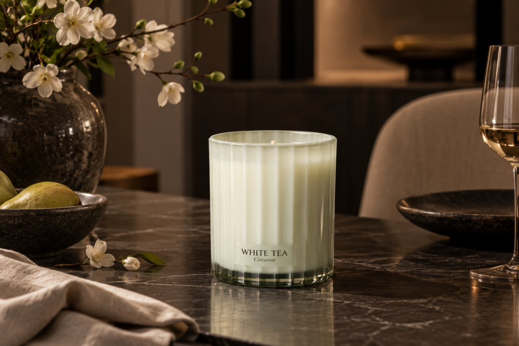 White Tea Candle in Fluted Glass with Soy Wax