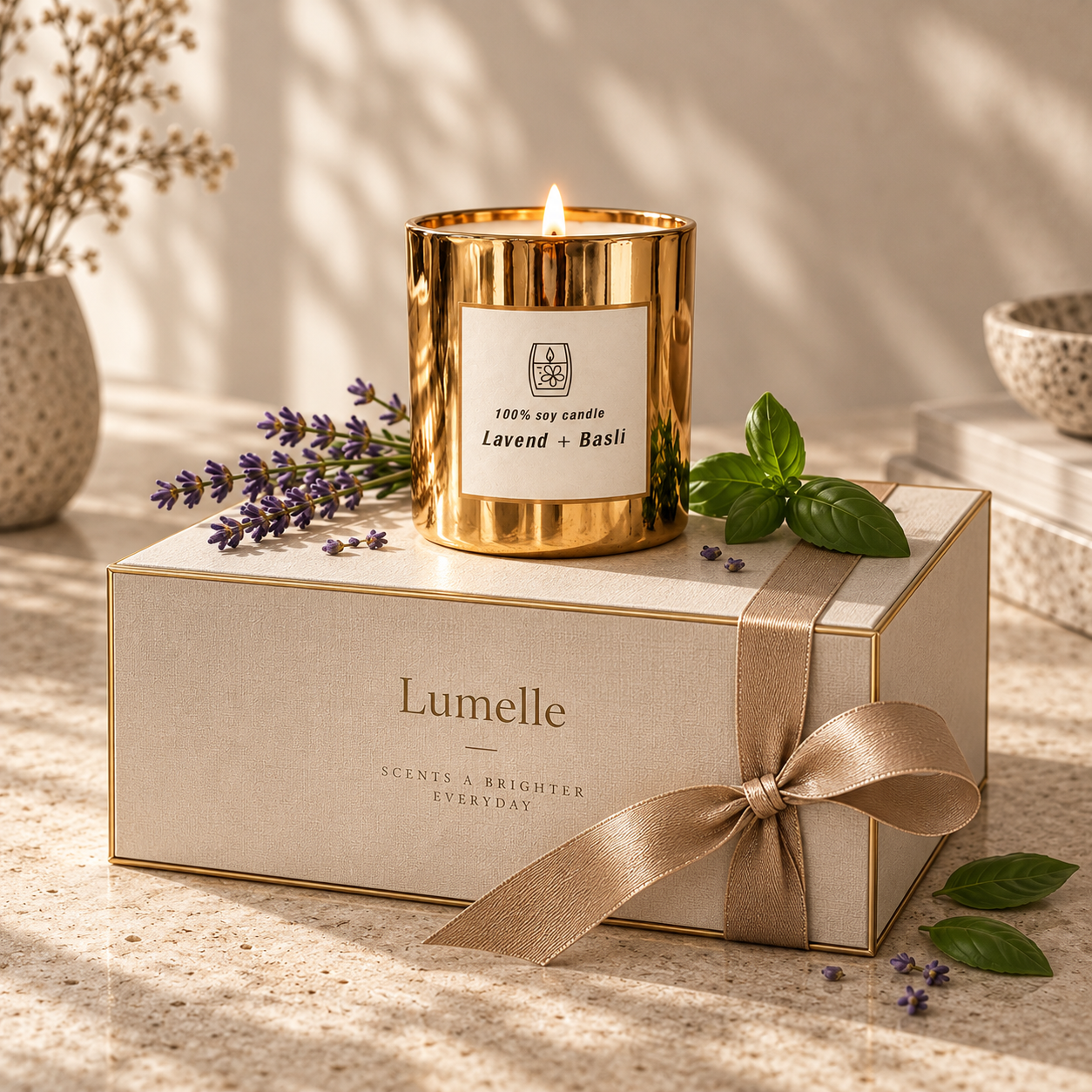 Concept image of floral porcelain and amber glass candles, a blue-grey fragrance bottle and gold-patterned gift boxes with satin ribbon.