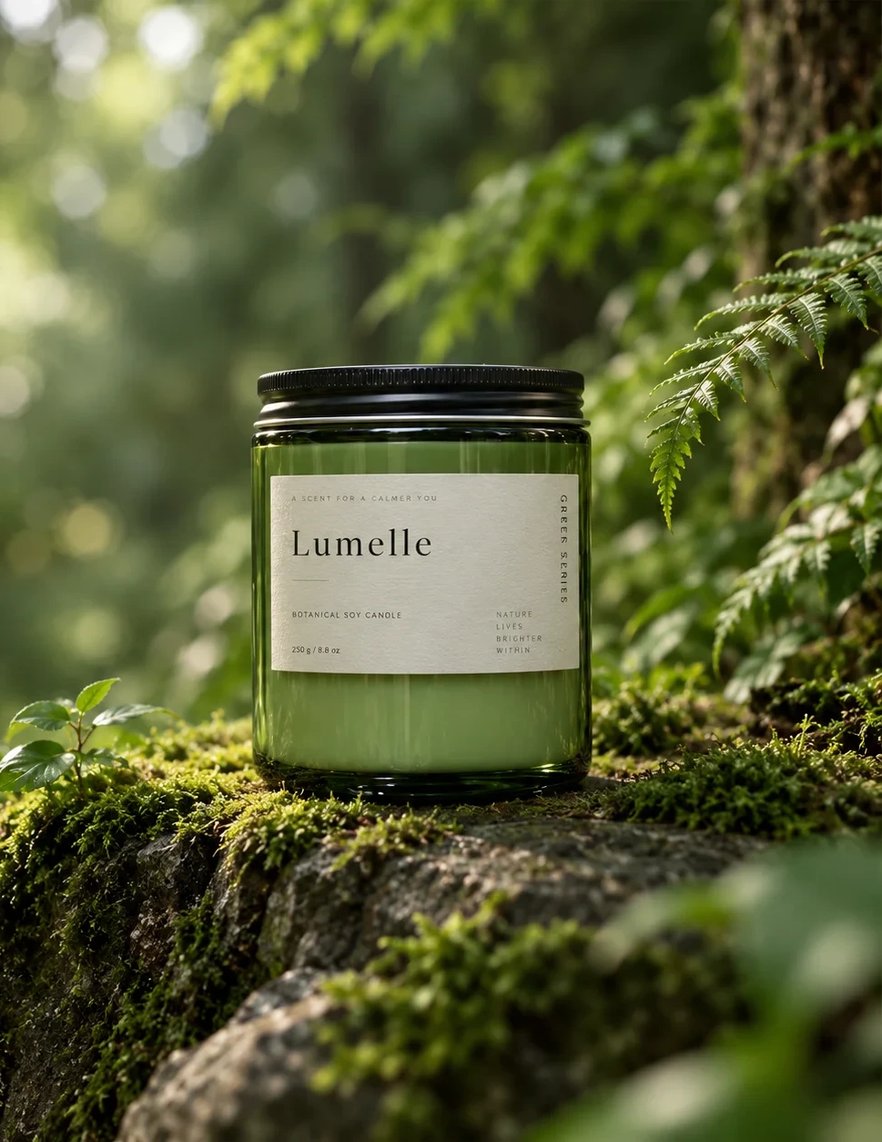 Concept image of a green glass soy candle with a black lid on a mossy rock in a sunlit forest.