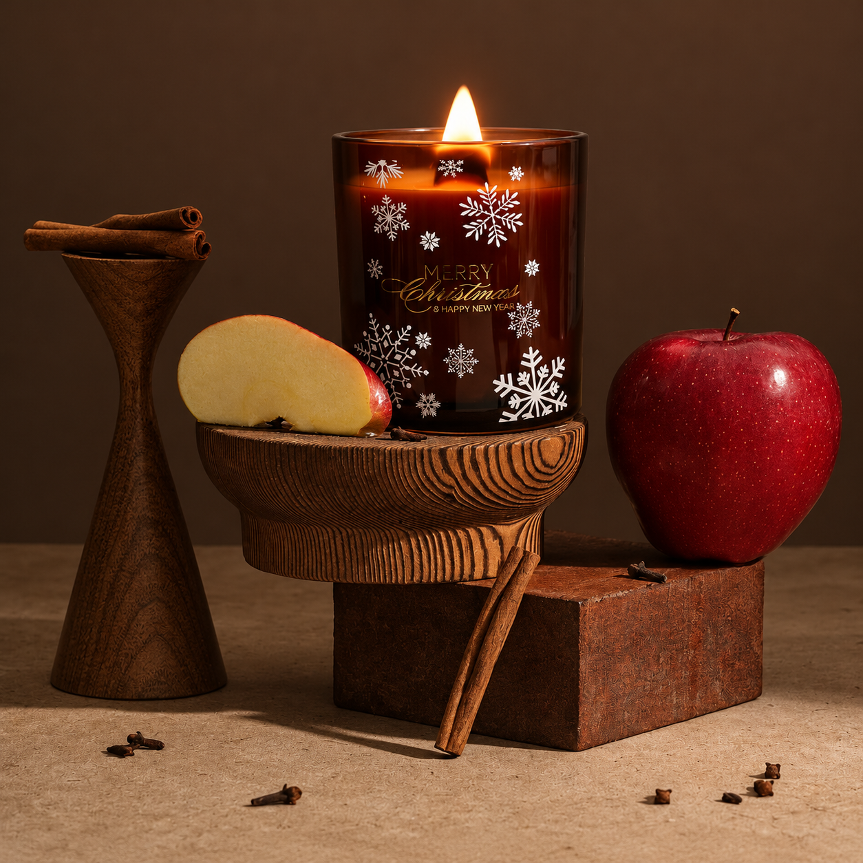 Concept image of lilac glass and ivory porcelain candles inside a powder-blue hexagonal gift box with gold botanical decoration.
