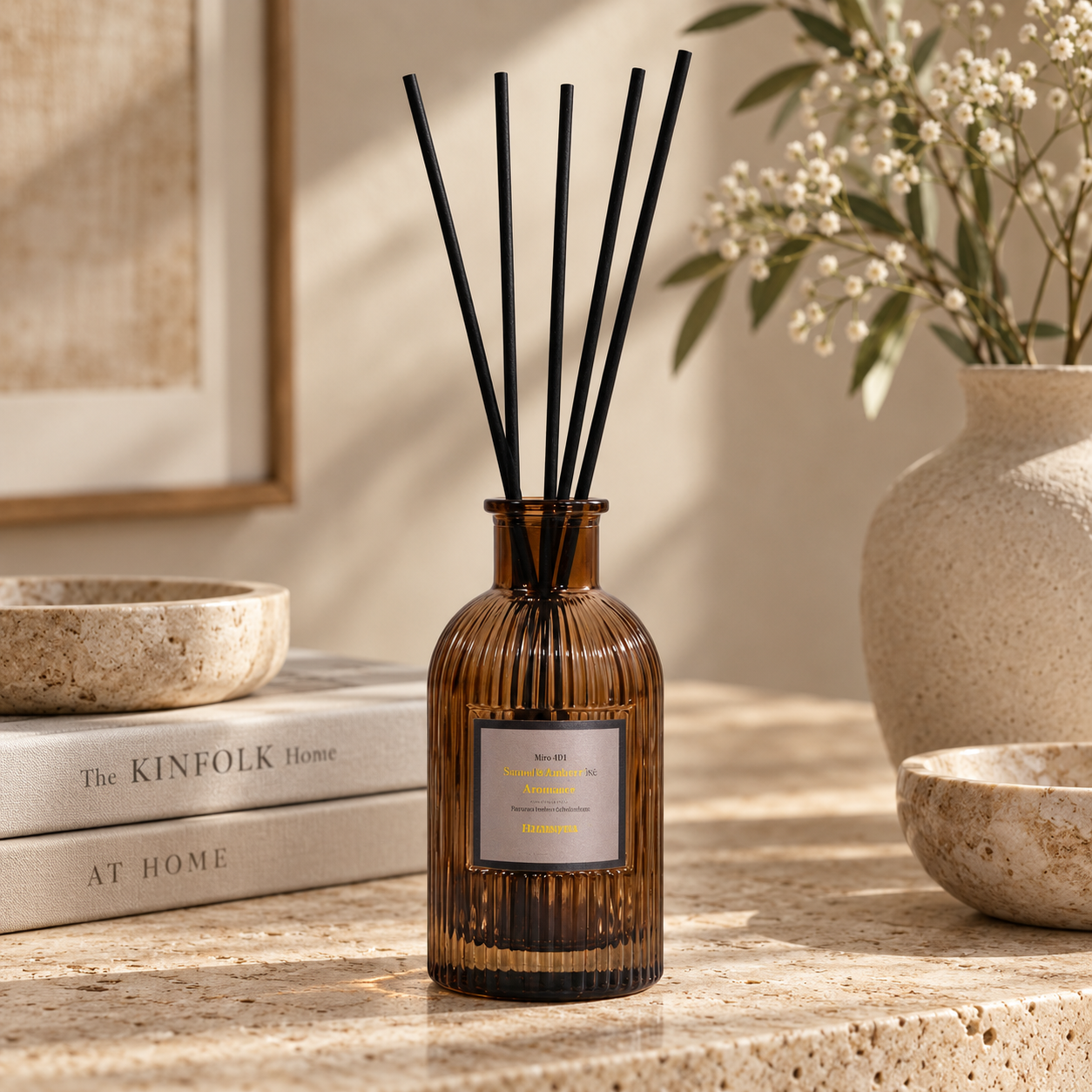 Concept image of a faceted teal reed diffuser and an olive ceramic candle with botanical relief on a dark wooden cabinet.