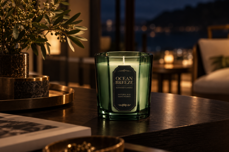 Ocean Breeze Candle in Green Geometric Glass